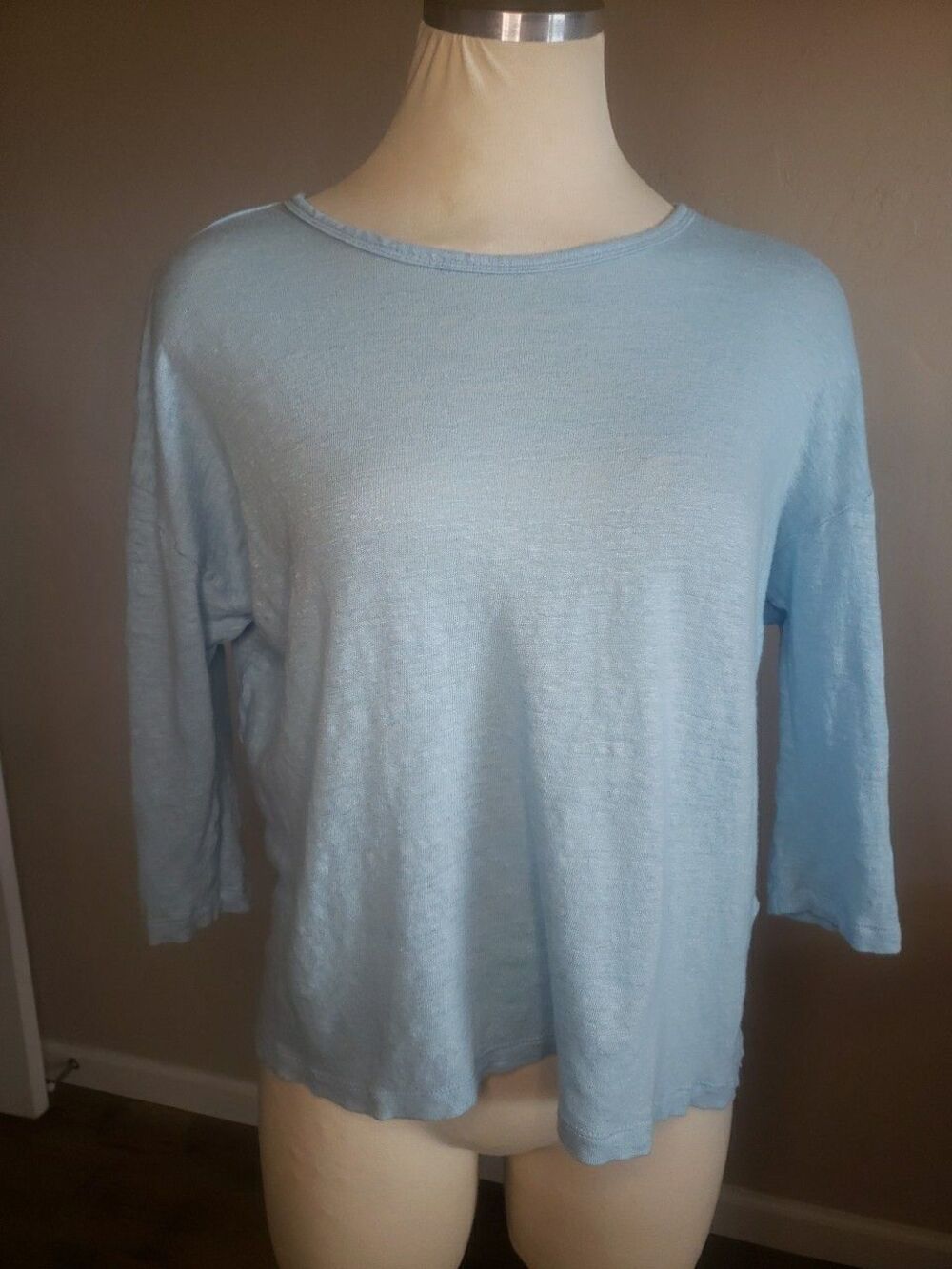 J. Jill Love Linen Top Women's Sz. SP Blue Crewneck Relaxed Minimalist Pullover